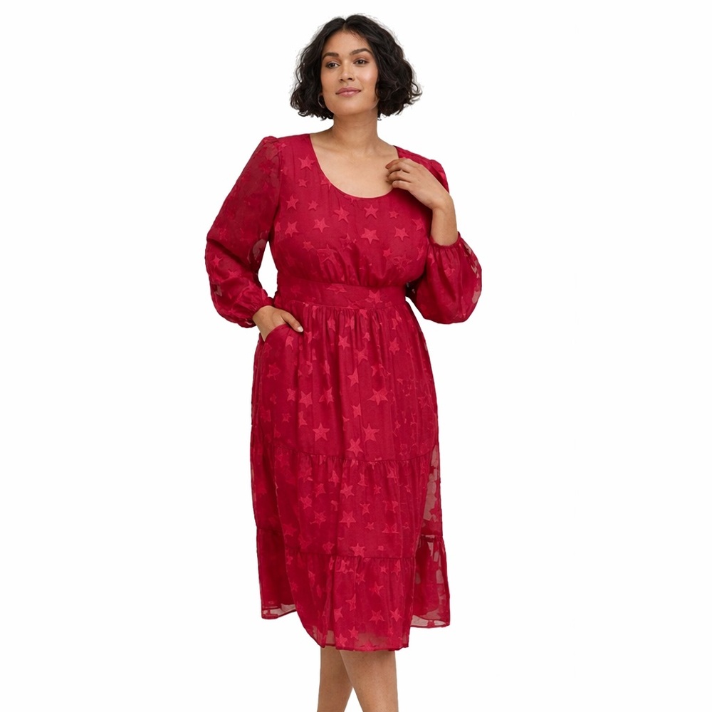 Torrid 2X Midi Clip Dot Chiffon Tiered Dress Beaujolais 0338 Burgundy plus size
